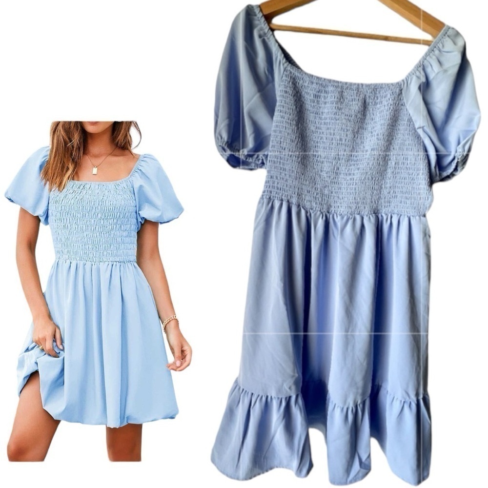 Women's Sky Blue puff sleeve Dress ruffles cascading midi smocked short Size M.